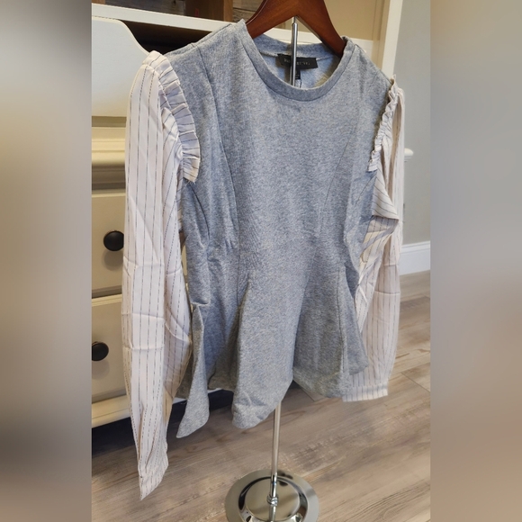 Dance & Marvel Heather Gray Sweater Blouse with Off White Pin Striped Sleeves - Picture 4 of 9